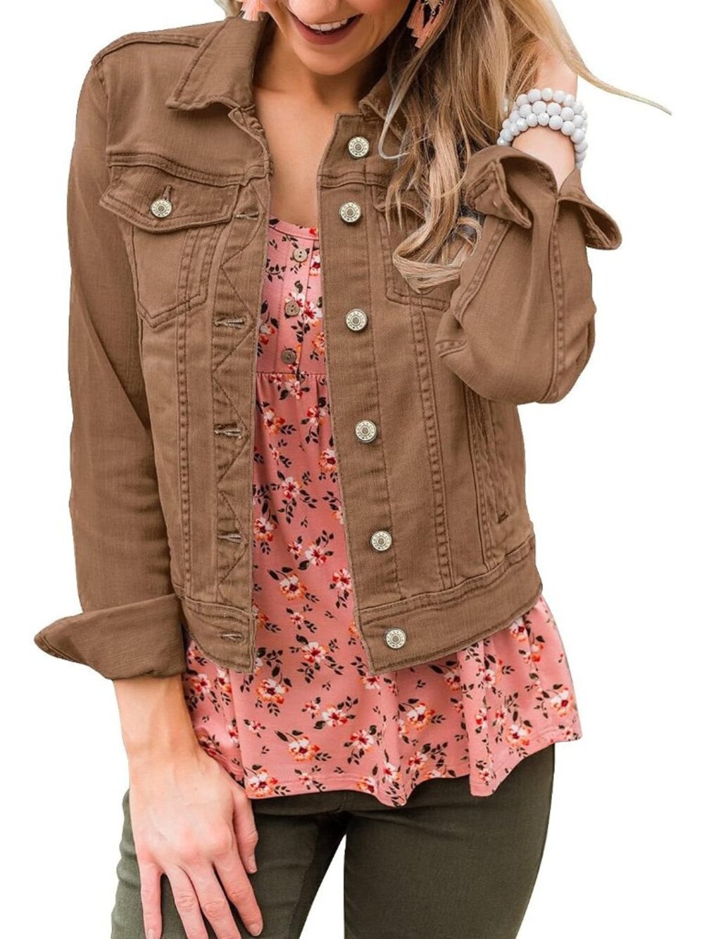 Womens Brown Long Sleeve Classic Front Button Chest Pocket Denim Jacket Casual